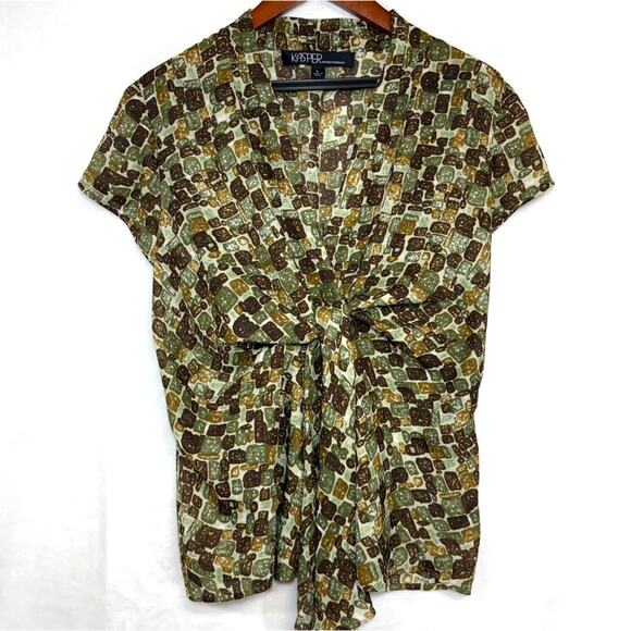 Kasper Sport L Green Print Top Tied Abstract Wearable Art Ugly Funky Office Work - Picture 1 of 8